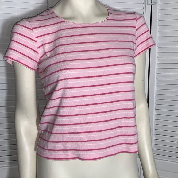 Vintage Pink Striped Stretch Ribbed Baby Tee Size Medium - Picture 1 of 12